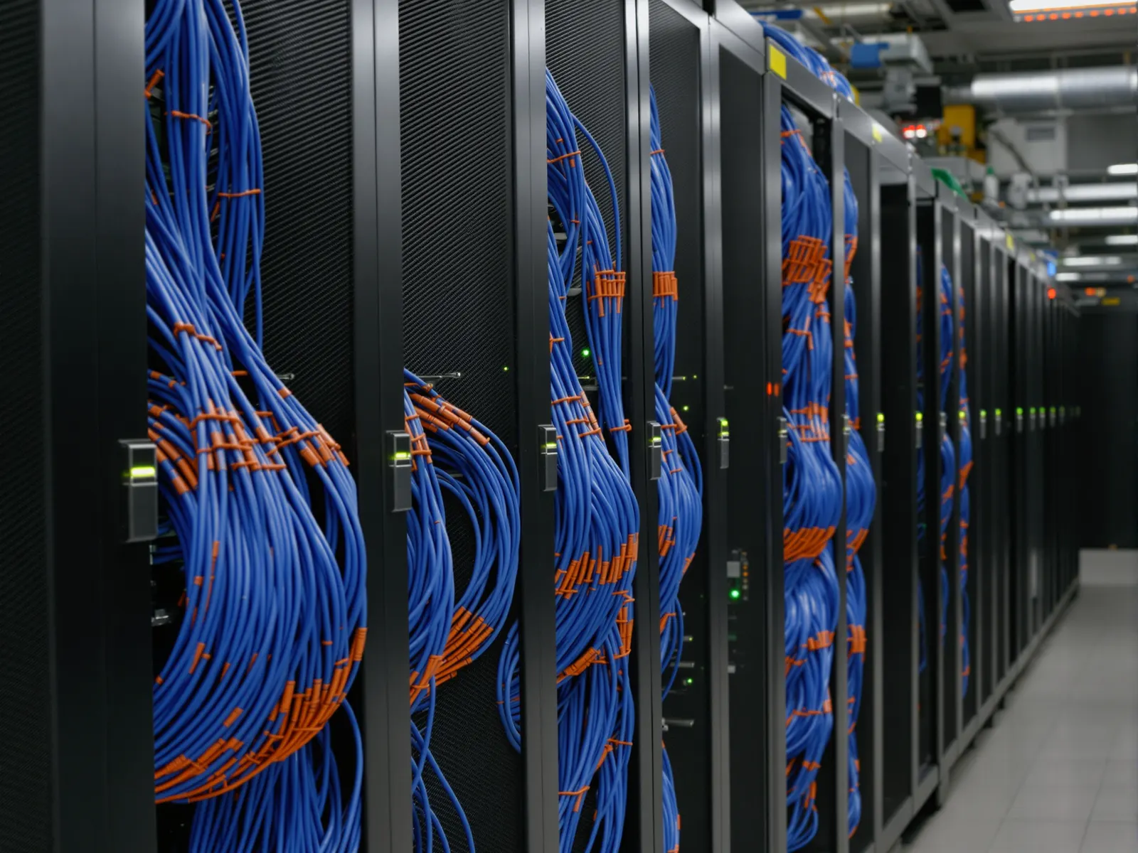 A row of black server racks with bundles of blue and orange network cables dressed neatly through their doors